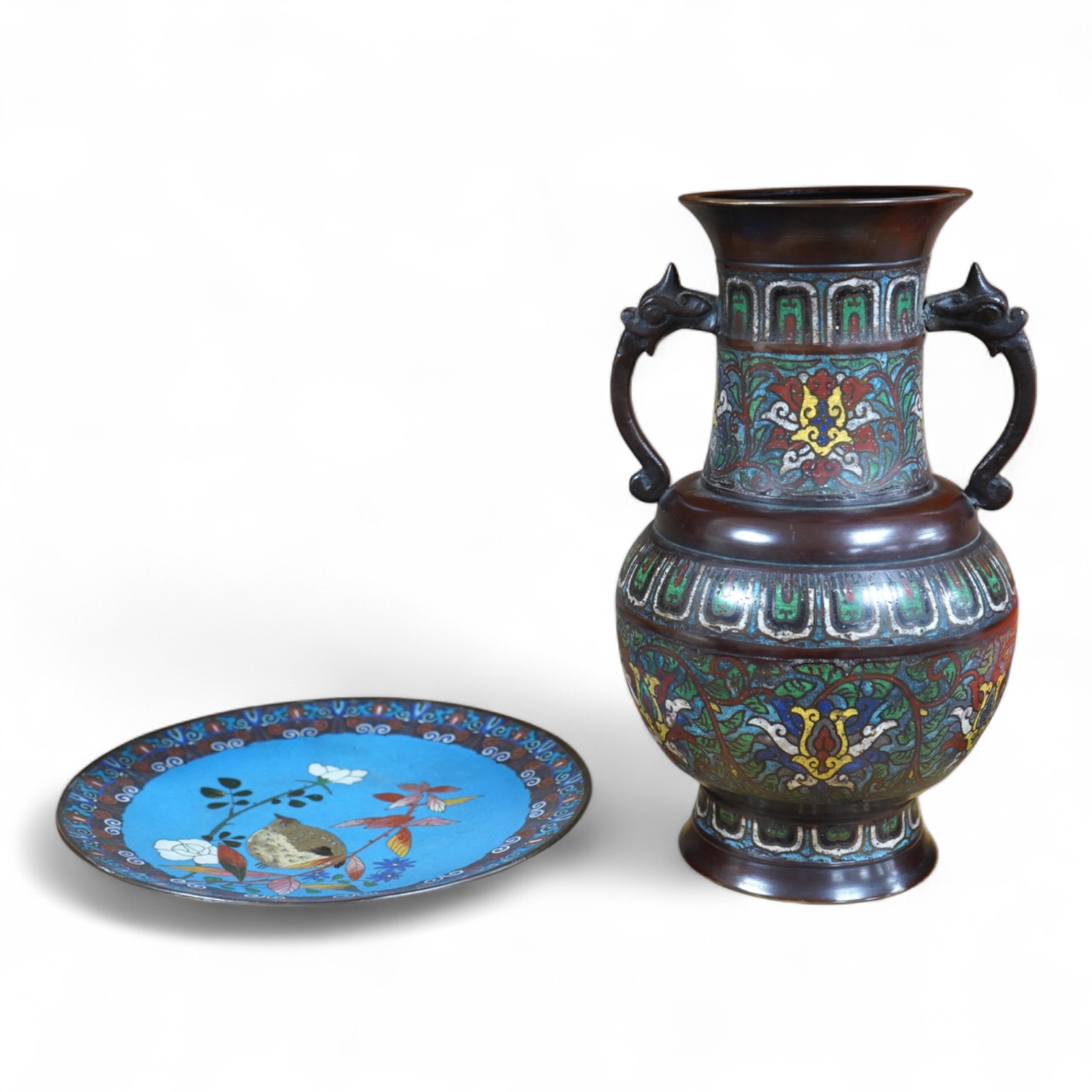 A Japanese archaistic bronze and champlevé enamel cloisonné two handled vase together with a Japanese cloisonné enamel dish, depicting a bird amongst flowers, 30cm high